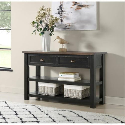 Martin Svensson Home Monterey Solid Wood Sofa Console Table, Black & Brown | Farmhouse Style, Pine Wood, Two Drawers, Two Open Shelves for Storage - color: Black With Brown Top
