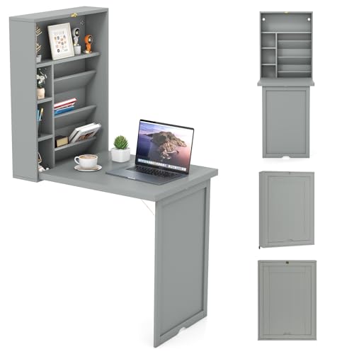 GOFLAME Wall Mounted Folding Desk with 3-Tier Tilt Storage Partition and Adjustable Shelves, Space-Saving Convertible Writing Desk for Home Office, Gray - color: Grey