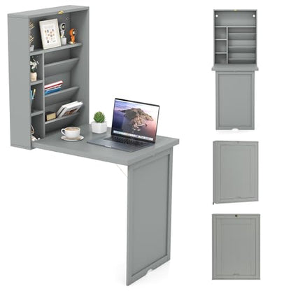 GOFLAME Wall Mounted Folding Desk with 3-Tier Tilt Storage Partition and Adjustable Shelves, Space-Saving Convertible Writing Desk for Home Office, Gray - color: Grey