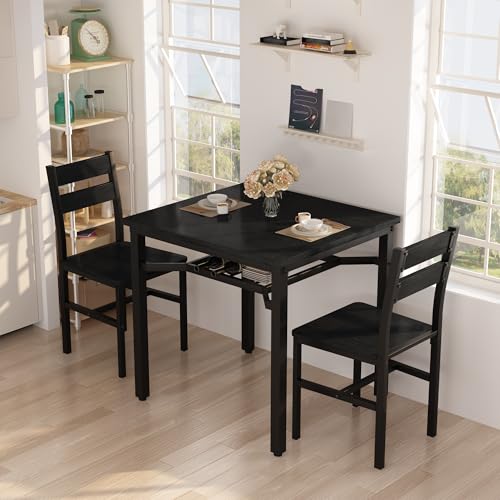 Hooseng 3 Piece Dining Table Set for 2, Small Wooden Kitchen Table with Storage, Farmhouse Square Dinette Set for Dining Room, Breakfast Nook, Apartment, Small Space - color: Black