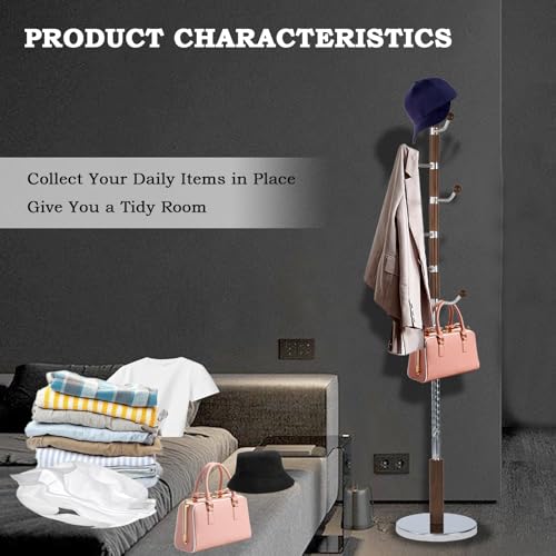 Coat Racks FreeStanding with 11 Hooks, Natural Wood Coat Rack with Solid Round Base, Adjustable Height Coat Racks, Easy Assembly for Hallway, Bedroom and Office (Walnut Metal) - color: Walnut Metal