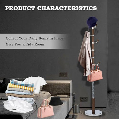 Coat Racks FreeStanding with 11 Hooks, Natural Wood Coat Rack with Solid Round Base, Adjustable Height Coat Racks, Easy Assembly for Hallway, Bedroom and Office (Walnut Metal) - color: Walnut Metal