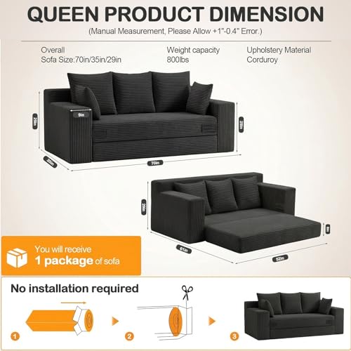Oversize Boneless Loveseat Convertible Sofa Bed, Folding Floor Futon Sleeper Sofa Queen Size Couch Bed- Boneless Foldable Couch, Corduroy Pull Out Sofa Bed with 5 Pillows for Living Room & Bedroom - color: Black, size: 70''(Queen）