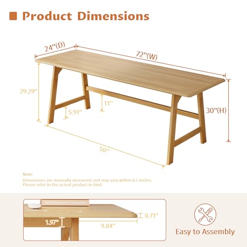 IOTXY Solid Wood Writing Table - 72" W Minimalist Long Computer Desk, Oak | Minimalist Modern Style, 100% Solid Wood, Spacious Surface, Moon-Shaped Legs, Super Stable, 265-lbs Capacity, 15-Min Assembly - color: Oak, size: 72" W