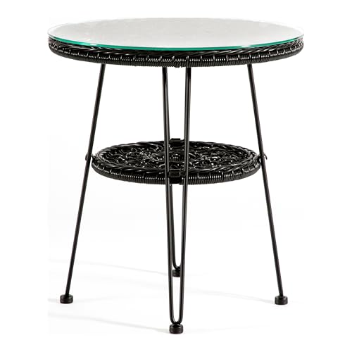 Furniture of America Ysar Boho 19-inch Round Coffee Table Outdoor with Tempered Glass Top and Metal Frame, Handcrafted Coastal Furniture for Patio, Poolside, Garden, Yard, Black - color: Black/19 In.