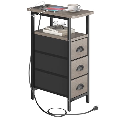 sthmec End Table with Charging Station,Narrow Side Tables with USB Ports and Outlets,Skinny Bedside Tables with 3 Drawers,Small Tables Nightstands for Small Space,Slim Sofa Table for Livingroom,Grey - color: Grey, size: 7.88'' W*15.75'' D*24.3'' H, style: