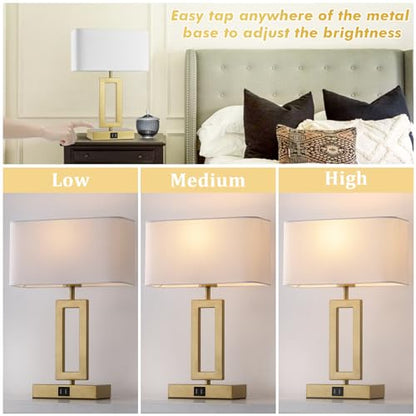 gernehop Gold Table Lamps Set of 2 with Dual USB Ports,3-Way Dimmable Touch Control Bedside Lamps,Modern Bedroom Table Lamp for Living Room,Nightstand LED Bulbs Included - color: 16Inch Whie&Gold