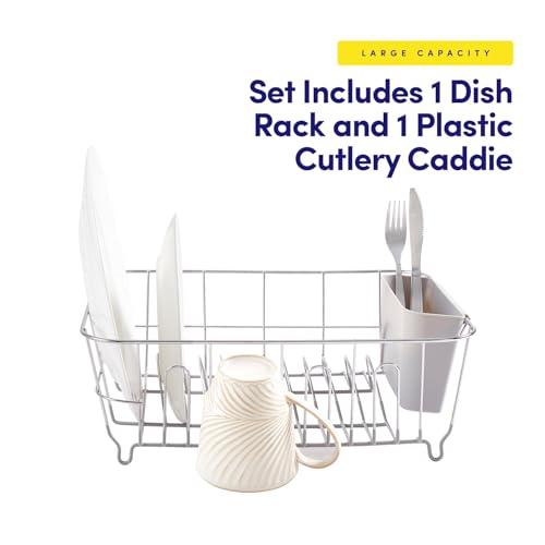 Dish Drying Rack & Cutlery Holder 2 Piece Set - Compact Sink-Fitting Dish Drainer with Rubberized Undercoating, Space-Saving Kitchen Organizer for Plates, Cups, Bowls & Utensils in Sink, Silver - color: Silver