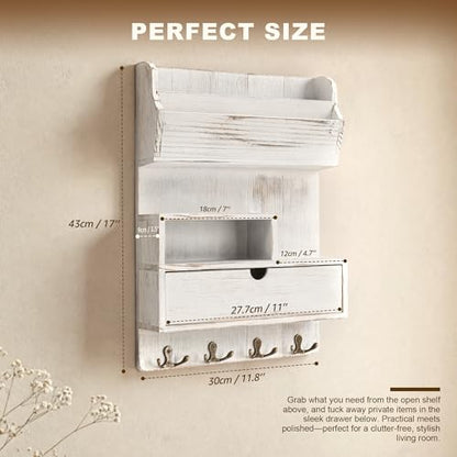 Rebee Vision Pine Wood Key Holder Wall Mount with Shelf & Drawer, Whitewash | Farmhouse Mail and Key Organizer, 4 Key Hooks, Stores Letters and Small Items, Adds Retro Charm, Apartment Entryways - color: Whitewash