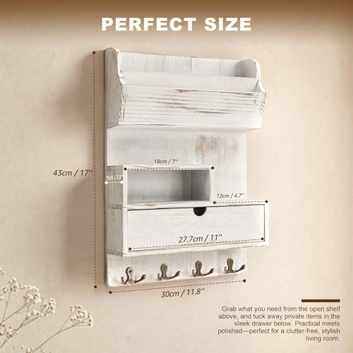 Rebee Vision Pine Wood Key Holder Wall Mount with Shelf & Drawer, Whitewash | Farmhouse Mail and Key Organizer, 4 Key Hooks, Stores Letters and Small Items, Adds Retro Charm, Apartment Entryways - color: Whitewash