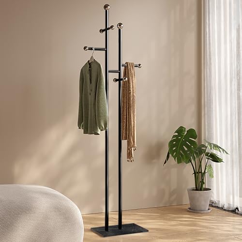 Metal Standing Coat Rack for Entryway Bedroom Living Room (Black) | Easy Assembly, Compact Footprint, Space Saver, Metal Frame, Marble Base, Sturdy, 8 Spherical Hooks, Office, Corner - color: All Black