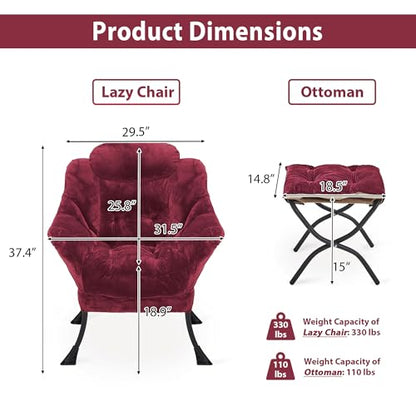 Youtanic Lazy Chair with Folding Ottoman, Accent Chair Plush Upholstered with Metal Structure and Non-Slip Pads, Sofa Armchair with Footrest and Side Storage Bag for Dorm, Room, Office, Rose Red - color: Plush Rose Red
