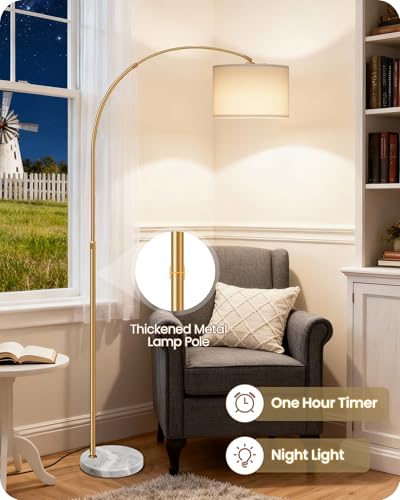 75" Arc Floor Lamp with Marble Base and Adjustable Height, Rotating Hanging Shade, Dimmable Floor Lamp for Living Room with Remote and Foot Switch, 3CCT, Over Couch Arched Light, White Gold DW15LD05 - color: Gold + White