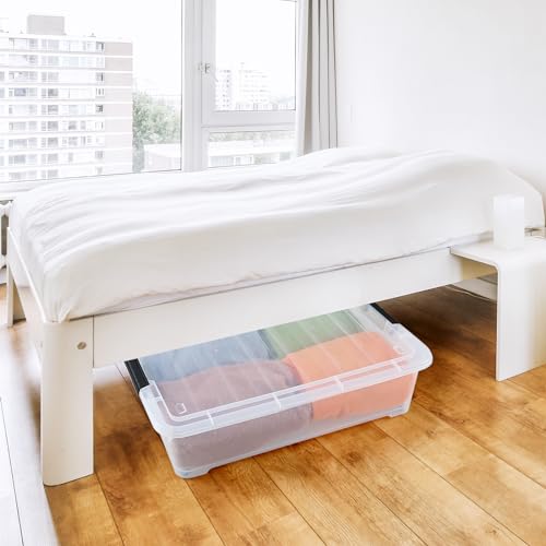 Vababa 25 L Wheeled Under Bed Clear Plastic Storage Bins with Lid, Set of 4 | Clear Plastic Material, Side Latch Clasps, Detachable Rolling Wheels, Low Under Bed Profile Design,For Household Organizers