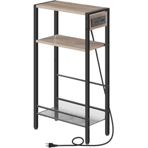 HOOBRO 15.7" Narrow Console Table with Charging Station, 3 Tier Entryway Table for Small Space, Behind Couch Table, Sofa Table, for Entryway, Hallway, Living Room, Greige and Black BG42UXG01 - color: Greige + Black