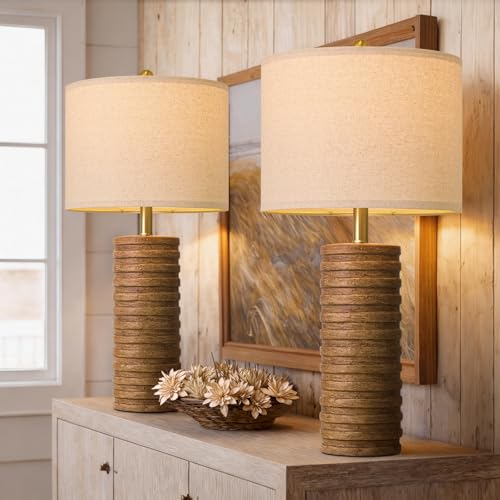 PoKat Farmhouse Table Lamps Set of 2 for Living Room, 27'' Tall Retro Ceramic Bedside Lamps with Linen Lampshade for Bedroom, Vintage Wood-Like Rustic Nightstand Lamp Office Sideboard Hallway (Brown) - color: 27‘’ Tall - Brown