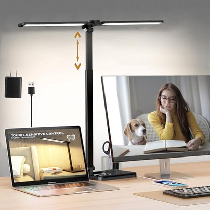 Retractable Dimmable LED Desk Lamp with USB Charging Port Desk Light | Height Adjustable 50 Lighting Modes Dual Swing Arm Architect Adjustable Table Lamp Light for Home Office Dorm Nail, Black - color: Pure Black
