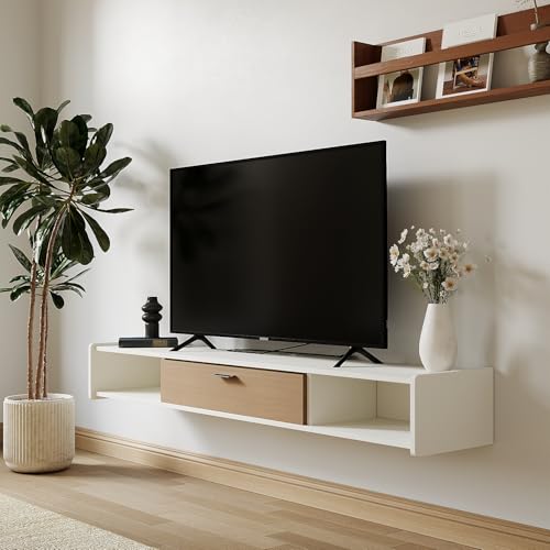 55'' Floating TV Stand, Wall Mounted TV Console, White | Floating TV Cabinet, Under TV Shelf for Bedroom Living Room - color: White, size: 55 IN