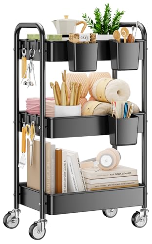 3 Tier Rolling Cart, Heavy Duty Metal Utility Cart with Wheel Black | Sturdy Rolling Storage Cart With Hooks & Hanging Cups, Great For Craft, Art Workspace, Kitchen ,Snack And Office Storage - color: Black