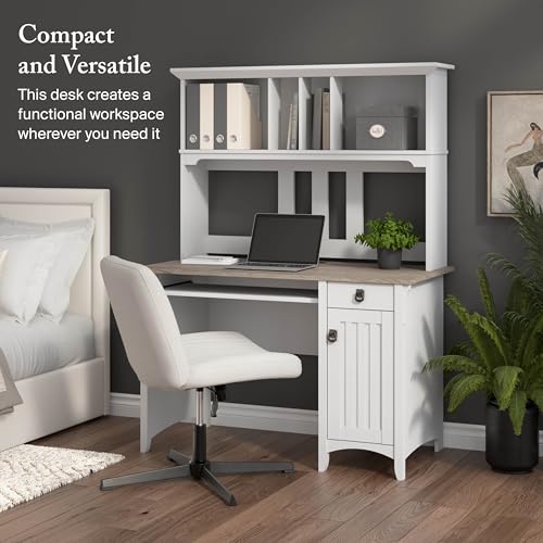 Bush Home Salinas Computer Desk with Hutch | Study Table with Drawers, Cabinets & Pullout Keyboard/Laptop Tray | Modern Home Office Desk in Pure White and Shiplap Gray | Work Desk with Storage - color: Pure White and Shiplap Gray