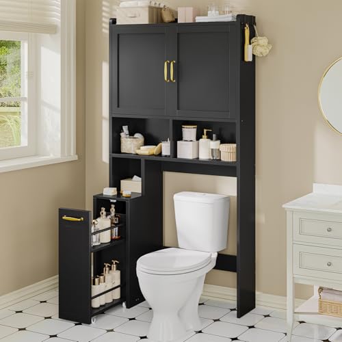 Over The Toilet Storage Cabinet with Pulley Bathroom Storage Cabinet, Space Saver W/Adjustable Shelf & Open Shelf for Bathroom, Restroom, Laundry (Black) - color: Black