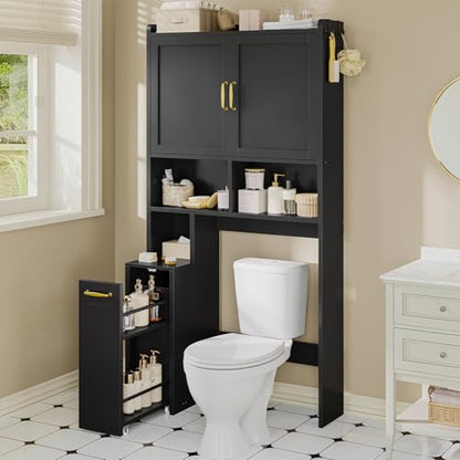 Over The Toilet Storage Cabinet with Pulley Bathroom Storage Cabinet, Space Saver W/Adjustable Shelf & Open Shelf for Bathroom, Restroom, Laundry (Black) - color: Black