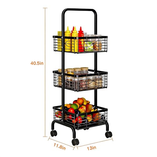 3 Tier Rolling Cart, Heavy Duty Metal Utility Cart with 4 Lockable Wheels & Handle, Multi-Purpose Storage Organizer for Kitchen, Bathroom, Laundry Room, Pantry, Office, Craft, Makeup (Black) - color: Black