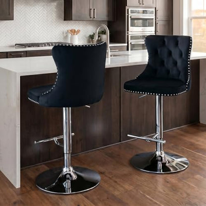 Velvet Bar Stool Set of 2, Adjustable Swivel Bar Stools with Silver Plated Metal Leg, Button Tufted, Footrest, Chrome Nailhead, Counter Height Chair for Kitchen, Bar, Dining Room (Black) - color: Black-silver Leg, size: Set of 2