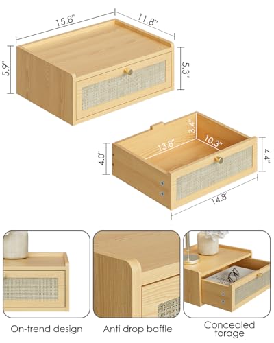 Floating Nightstand,Wall Mounted Night Stand with Drawer,Small Floating Shelves,Floating Wood Bedside Table for Bedroom、Living Room、Bathroom - color: Yellow, style: Bohemian