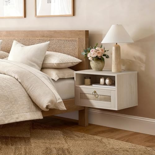 Floating Nightstand Set of 2 with Drawer for Wall Mounted Hanging Rattan Night Stand Bed Side Tables Wooden End Table Small Boho Dressers for Bedroom Farmhouse Shelves with Drawers