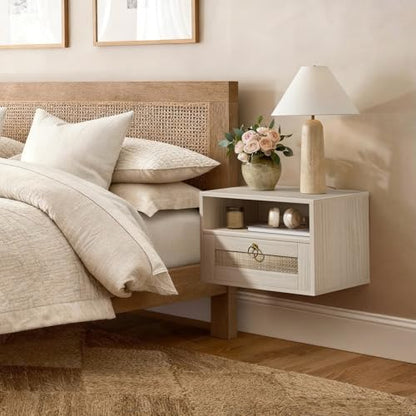 Floating Nightstand Set of 2 with Drawer for Wall Mounted Hanging Rattan Night Stand Bed Side Tables Wooden End Table Small Boho Dressers for Bedroom Farmhouse Shelves with Drawers