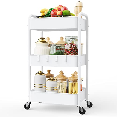 LEHOM 3 Tier Rolling Cart, Metal Rolling Utility Cart with Lockable Wheels | Multi-Functional Heavy Duty Storage Cart Organizer for Bathroom, Kitchen, Office, Living Room, Rolling Storage Trolley - color: White