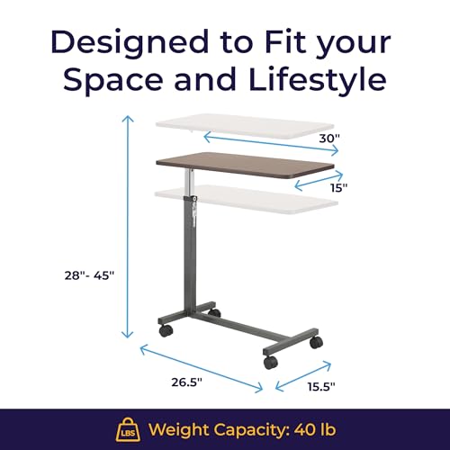 Drive Medical Overbed Table with Wheels, Woodgrain Top, Silver Vein | Overbed Table with Wheels Offers Secure Height Adjustment and Smooth Rolling Design for Everyday Comfort - color: Silver Vein