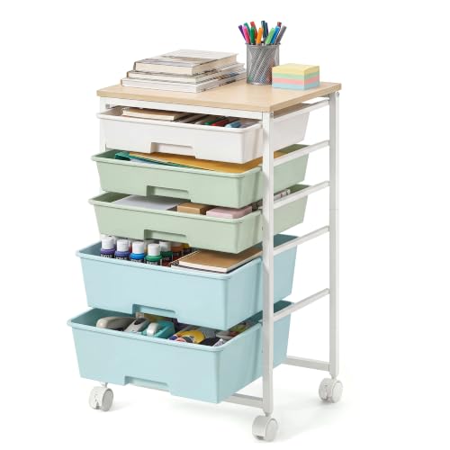 VASAGLE 5-Drawer Rolling Storage Cart, Mobile Organizer Trolley with Wood Top and Metal Frame, for Craft Room, Office, 15.6 x 11.2 x 24.8 inch, Green and White, Benco Collection ULRC005C101 - color: Green + White, size: 5 Drawer