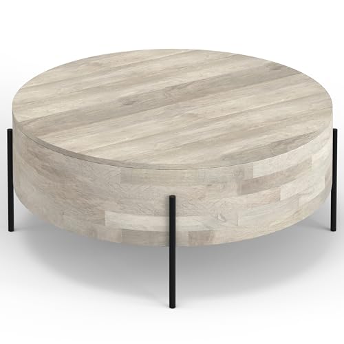 SIMPLIHOME Sawhorse 48" Wide Walnut Veneer and Metal Coffee Table | Modern round coffee table with black metal legs and a large surface; cocktail table or center table for living rooms. - color: White Wash