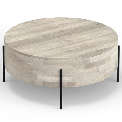 SIMPLIHOME Sawhorse 48" Wide Walnut Veneer and Metal Coffee Table | Modern round coffee table with black metal legs and a large surface; cocktail table or center table for living rooms. - color: White Wash