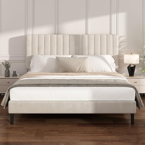 King Velvet Bed Frame with Vertical Channel Tufted Headboard Beige | Upholstered Platform Bed, No Box Spring Needed, Noise-Free, Strong Wooden Slat, Durable Metal Frame, Easy Assembly - color: Beige, size: King