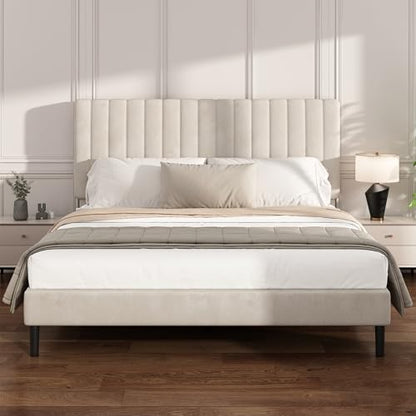King Velvet Bed Frame with Vertical Channel Tufted Headboard Beige | Upholstered Platform Bed, No Box Spring Needed, Noise-Free, Strong Wooden Slat, Durable Metal Frame, Easy Assembly - color: Beige, size: King