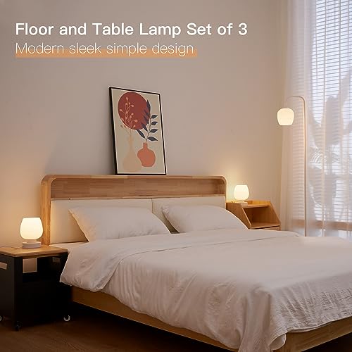 ONEWISH Lamp Set of 3 - Touch Bedside Table Lamps Set of 2 and 1 Floor Lamp, Modern Lamps for Bedroom Living Room Nightstand, White Opal Glass Lamp Shade, LED Bulbs Included Simple Design - color: 3-Piece Set White
