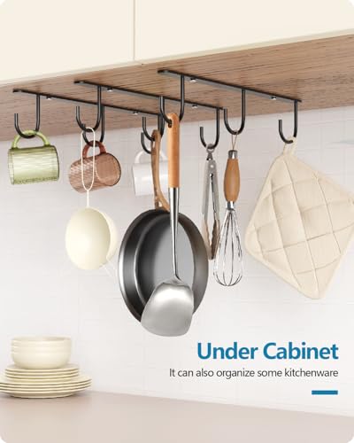 3 Pack Mug Hooks Under Cabinet with 9 Hooks for Displaying Mugs, Black | Coffee Mug Holder for Hanging Under Shelf, Cup Hanger, Coffee Cups and Kitchen Utensils - color: Black