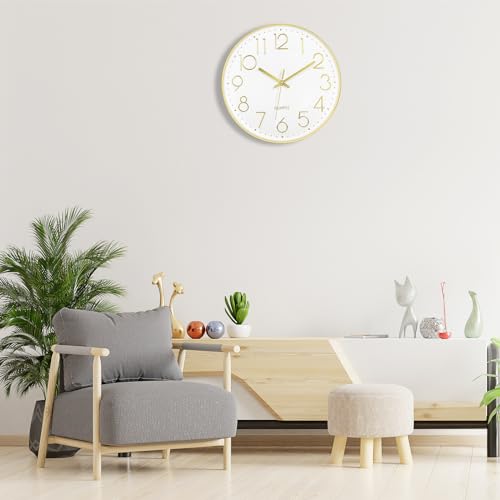 Foxtop Large 14" Wall Clock Silent Battery Operated Analog Clock, Gold | Non-Ticking, Round, Quartz, Easy to Read, Living Room, Bedroom, Kitchen, Office - color: Gold, size: 14 Inch Quartz