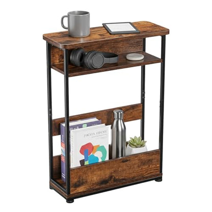 YEAKOO Narrow Side Table,3-Tier End Table with Storage Shelf,Modern Sofa Table Thin Side Table for Narrow and Small Spaces, Skinny Bedside Table Small Nightstand with Magazine Rack Space Saving/Brown - color: Rustci Brown
