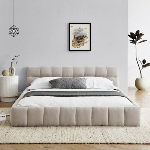Queen Size Upholstered Cloud Bed Frame, Low Profile Platform Bed with Soft Chenille Headboard, Modern Floor Bed with Wooden Slats