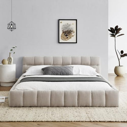 Queen Size Upholstered Cloud Bed Frame, Low Profile Platform Bed with Soft Chenille Headboard, Modern Floor Bed with Wooden Slats