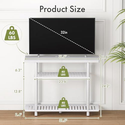 Bamboo TV Stand, Small TV Stands for up to 32 Inch, 3-Tier Console Table with Storage, Sturdy Entertainment Center TV Shelf, Entryway Table for Bedroom Small Space, White - color: White