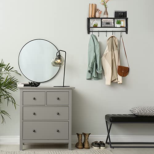 HBCY Creations Wall Mounted Shelf with Coat Hooks and Baskets, Solid Wood Entryway Organizer Wall Shelf with Hooks - Hang Coats, Keys or Coffee Mugs, Rustic Blackwash 24" Wide - color: Blackwash