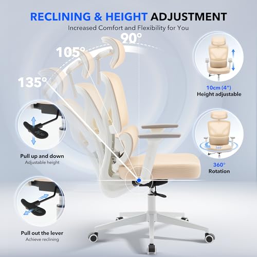 Ergonomic Office Chair Mesh – Adjustable Lumbar 3D Armrests High-Back Desk | Breathable Mesh Backrest; Seat Height & Tilt-Angle Adjustment; Smooth-Rolling Casters; Easy To Assembly, For Home, Office - color: Beige-p1