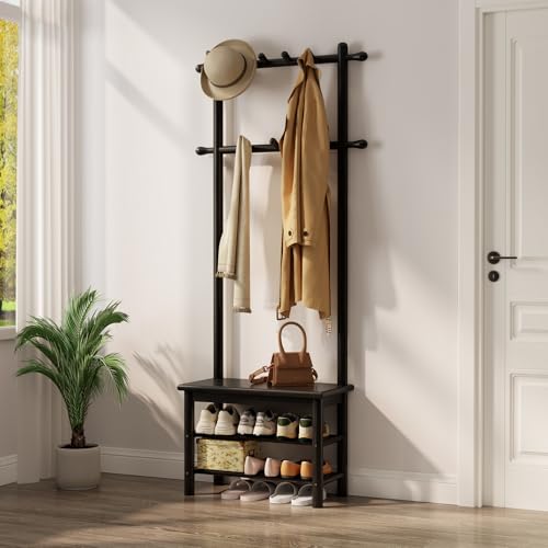 AQIMUELE Coat Rack with Shoe Storage, Narrow Wooden Hall Tree with Bench, 11 Hooks and 2-Tier Storage Shelves, 3-in-1, Entryway Bench with Coat Rack (23.6"-Black) - color: Black, size: 23.6"