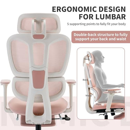 Ergonomic Office Chair with Footrest, 90-135° Reclining High Back Desk Chair with Lumbar Support, 2D Headrest, 2D Armrests, Computer Chair for Long Hours, Pink - color: Pink