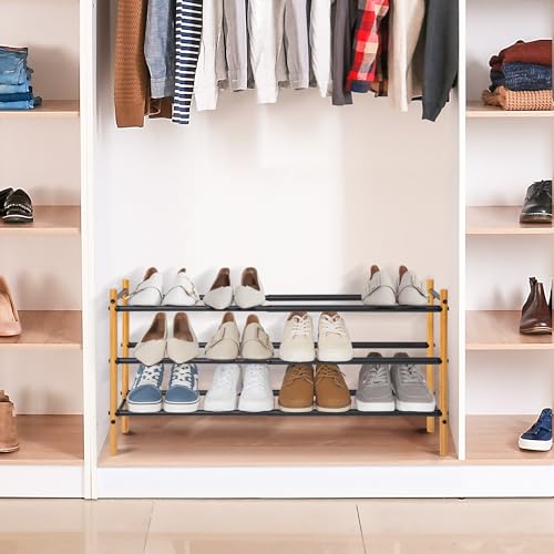 Storage MANIAC Expandable Shoe Rack, 12 Pairs Stackable Small Shoe Rack, Metal Adjustable Shoes Organizer for Closet, Entryway, Hallway, Garage, Front Door, Shoes Shelves, Bamboo 3 Tier - size: 3 Tier